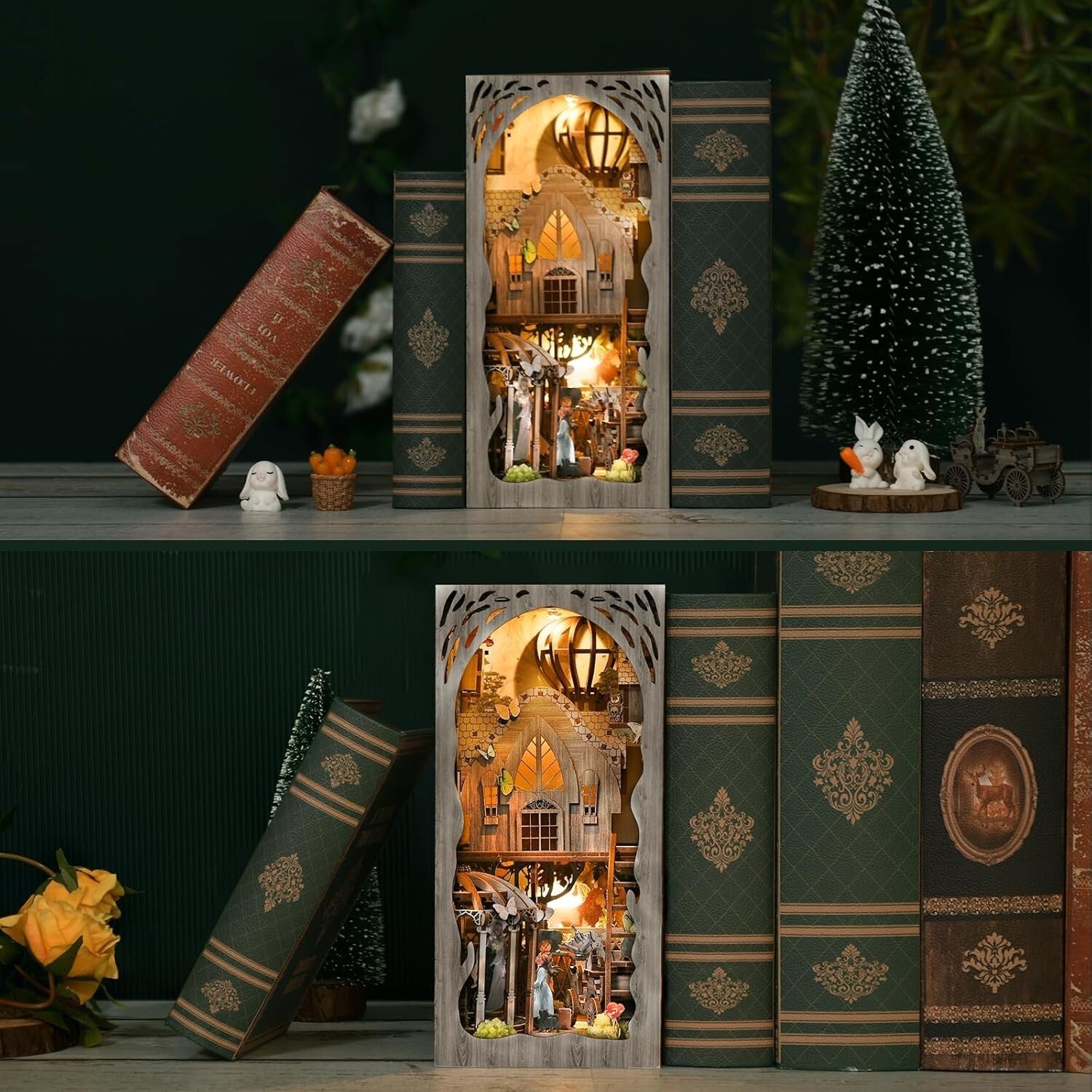 Creative 3D Wooden Book Nook with LED Lights - Elegant Dorothy's Adventure Decor
