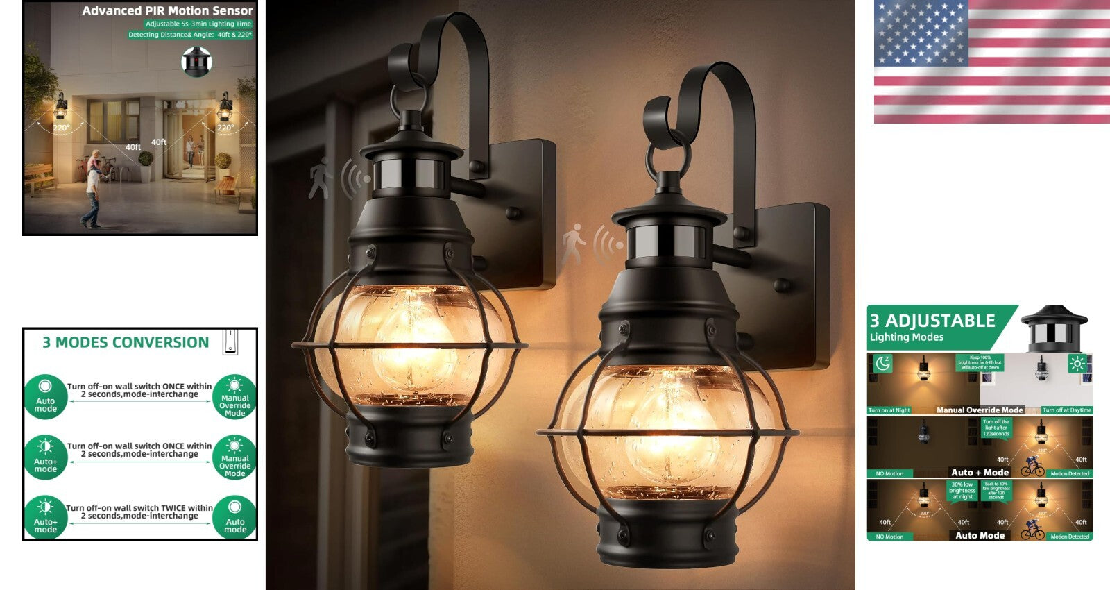 Elegant Waterproof Motion Sensor Porch Lights - 2 Pack for Gardens & Garages