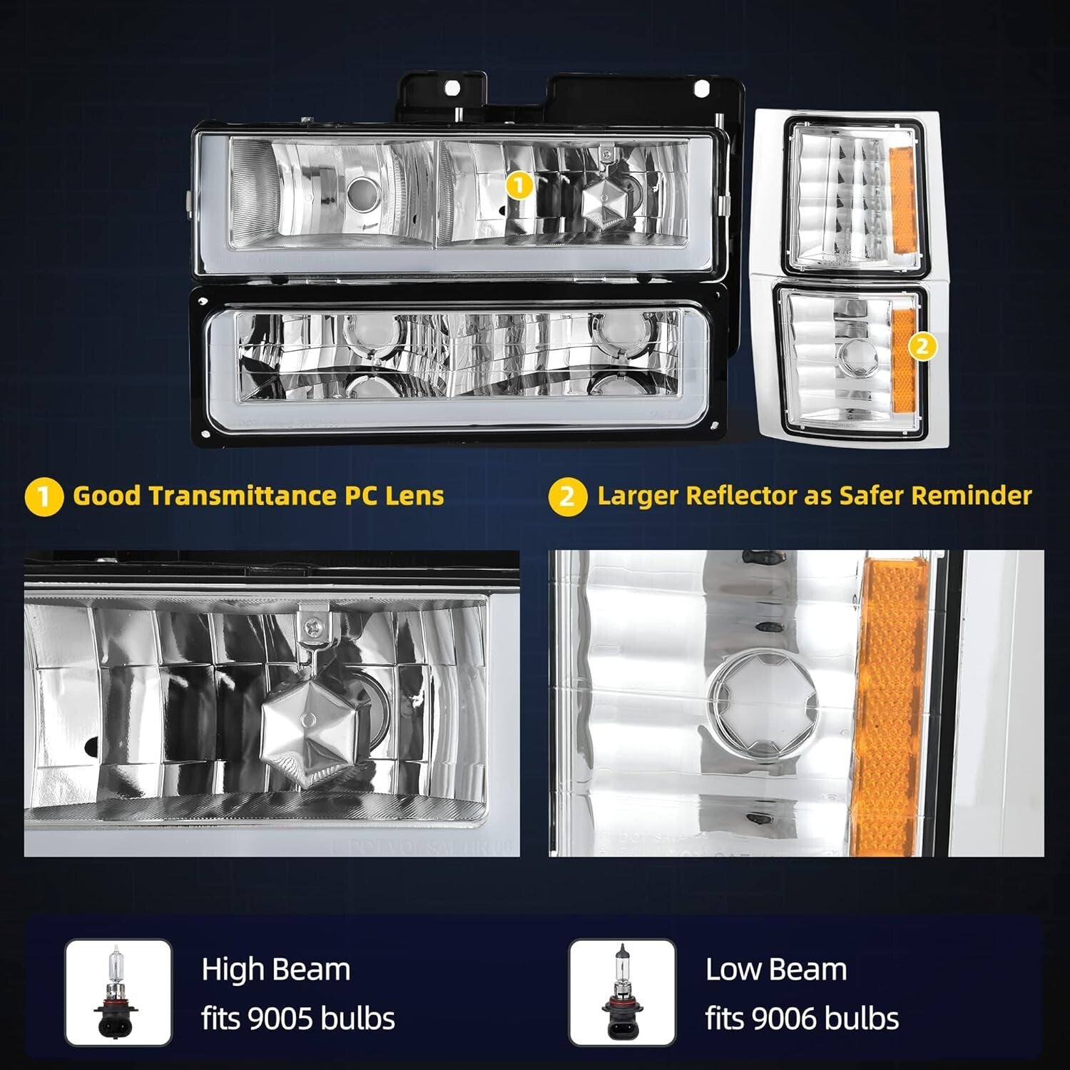Weather-Sealed LED Headlights for 1994-1999 Chevy C/K Series, Impact-Resistant