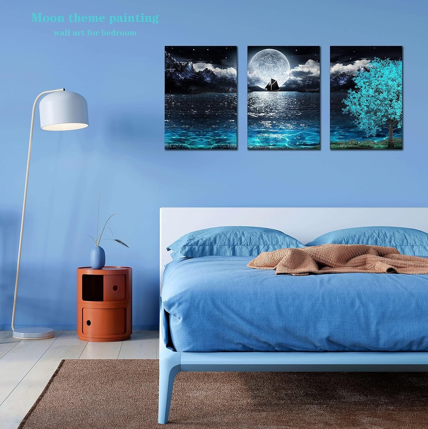 Elegant Teal Moon Wall Art Set - 3 Pieces Canvas for Living Room & Bedroom