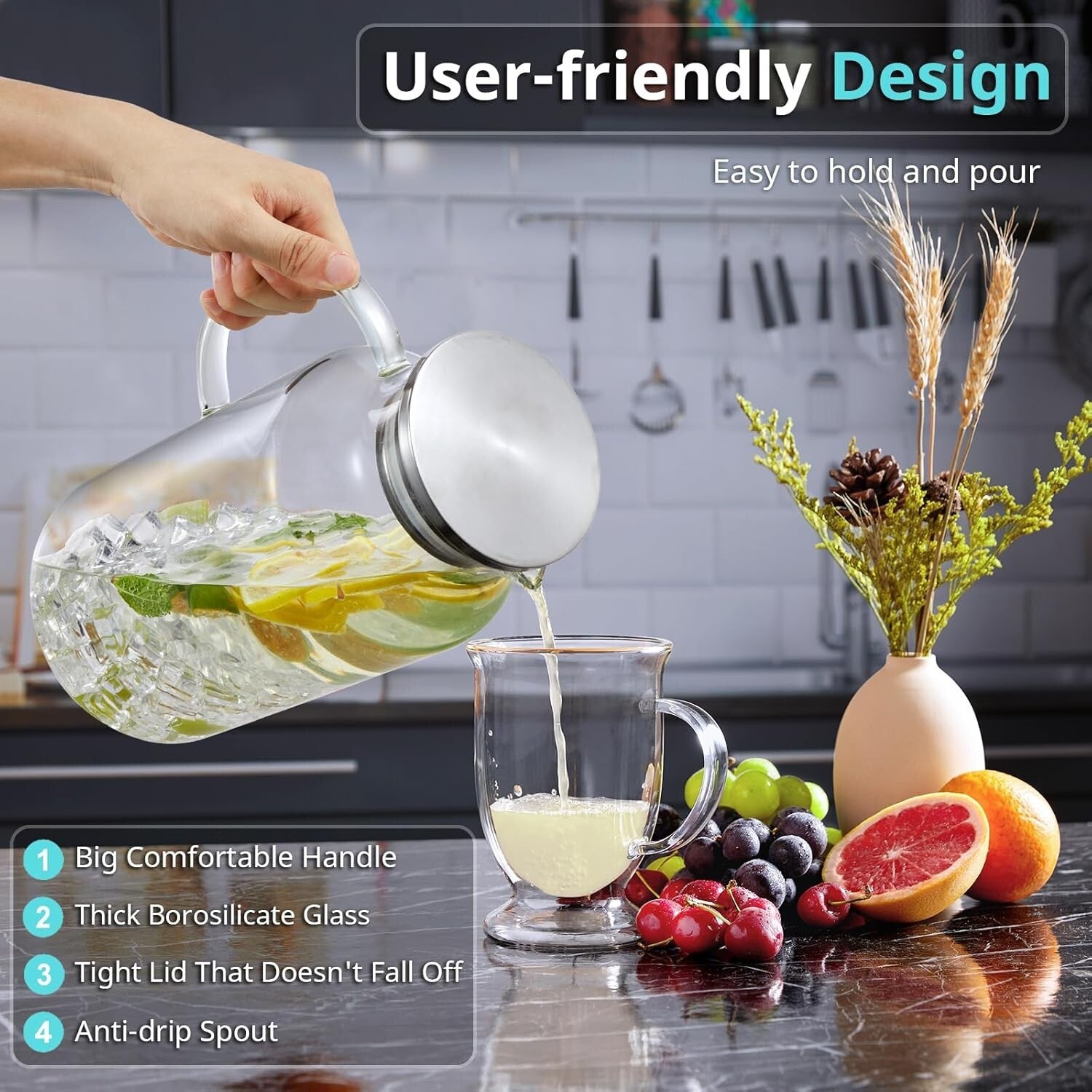 Versatile 1 Gallon Glass Water Jug with Stainless Steel Lid - Ideal for Parties