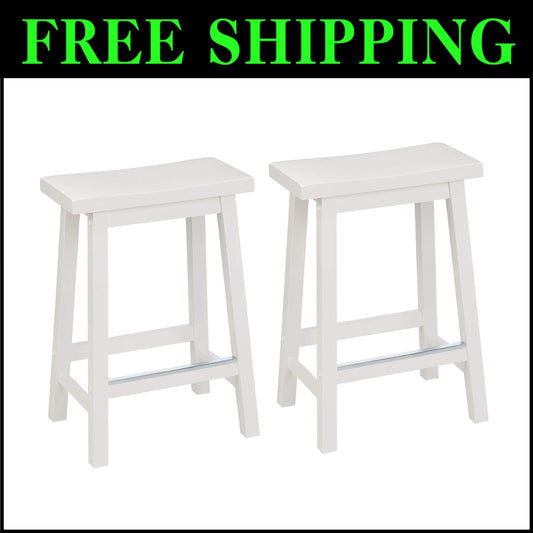 Set of 2 Solid Wood Saddle-Seat Kitchen Barstools - 24 inch White Counter Height