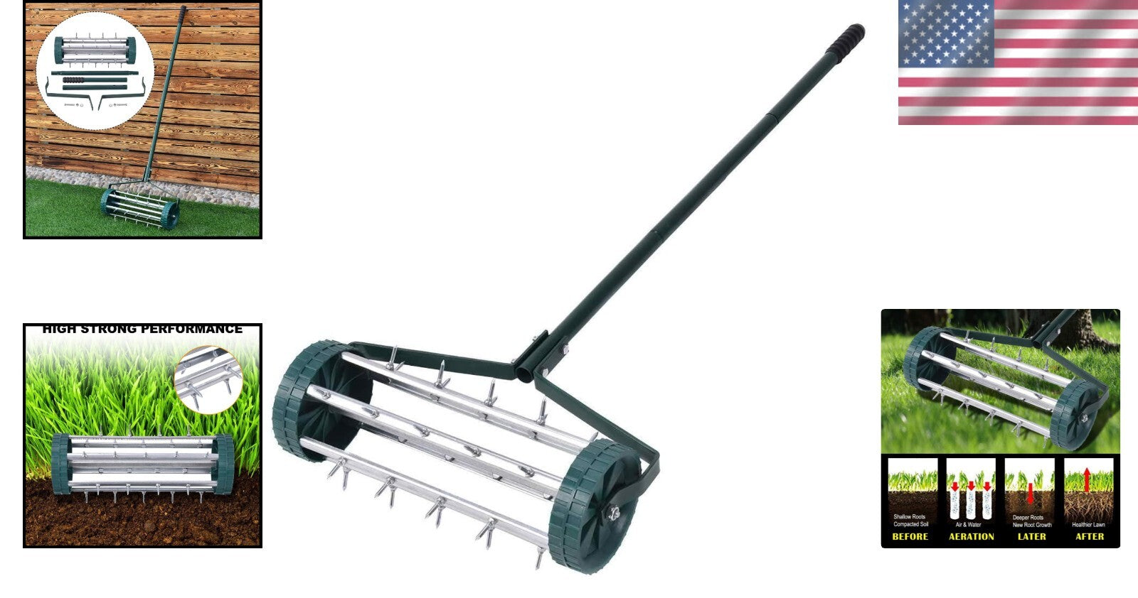 Durable 18-Inch Lawn Aerator with Collapsible 41-Inch Handle for Easy Storage