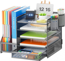 Load image into Gallery viewer, Modern Grey Paper Letter Tray Organizer with Sliding Trays and Drawer for Office