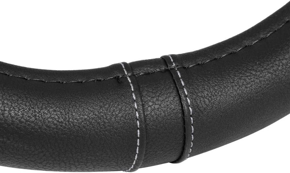 Durable 14-Inch Black Leather Steering Wheel Cover with Stylish Gray Stitching
