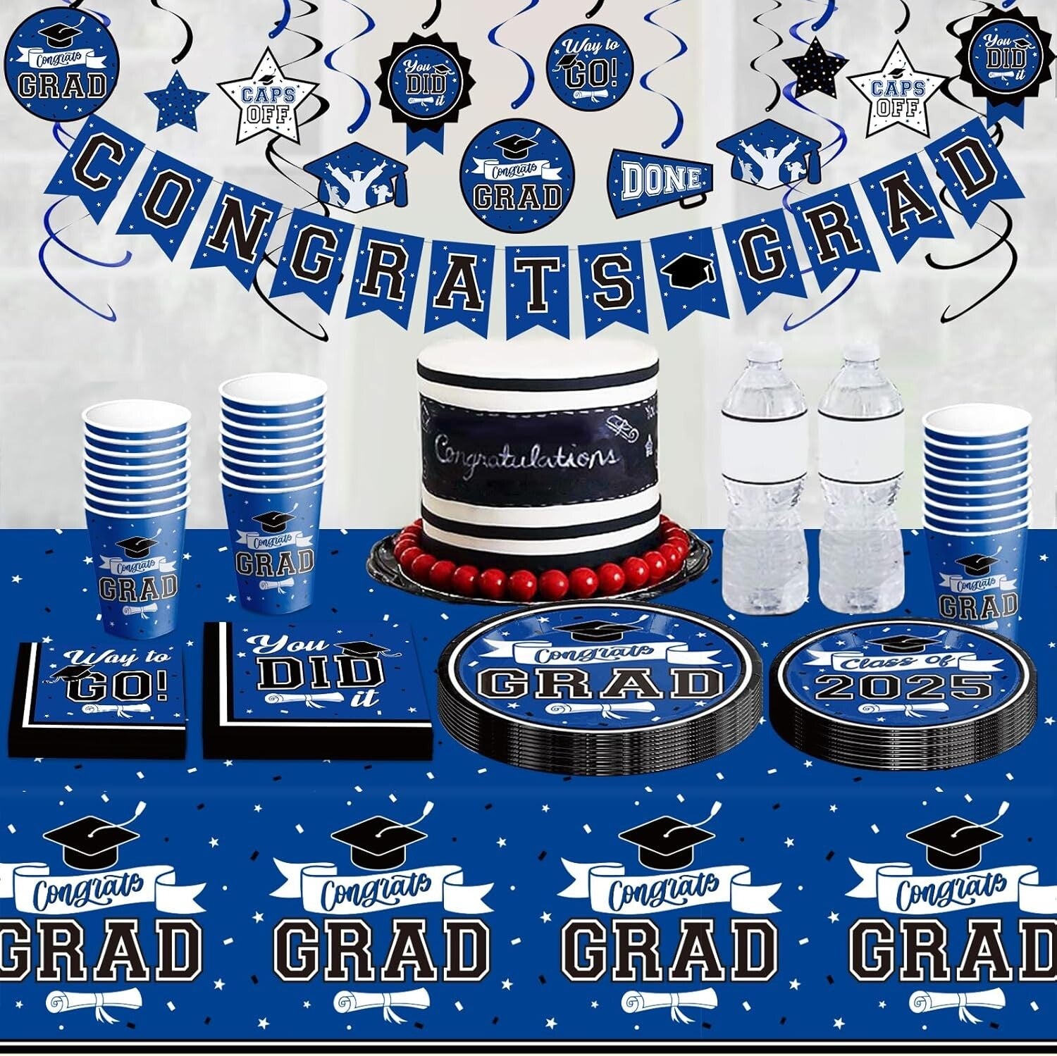 Convenient Graduation Party Supplies Set with Decor for 50 Guests - Blue