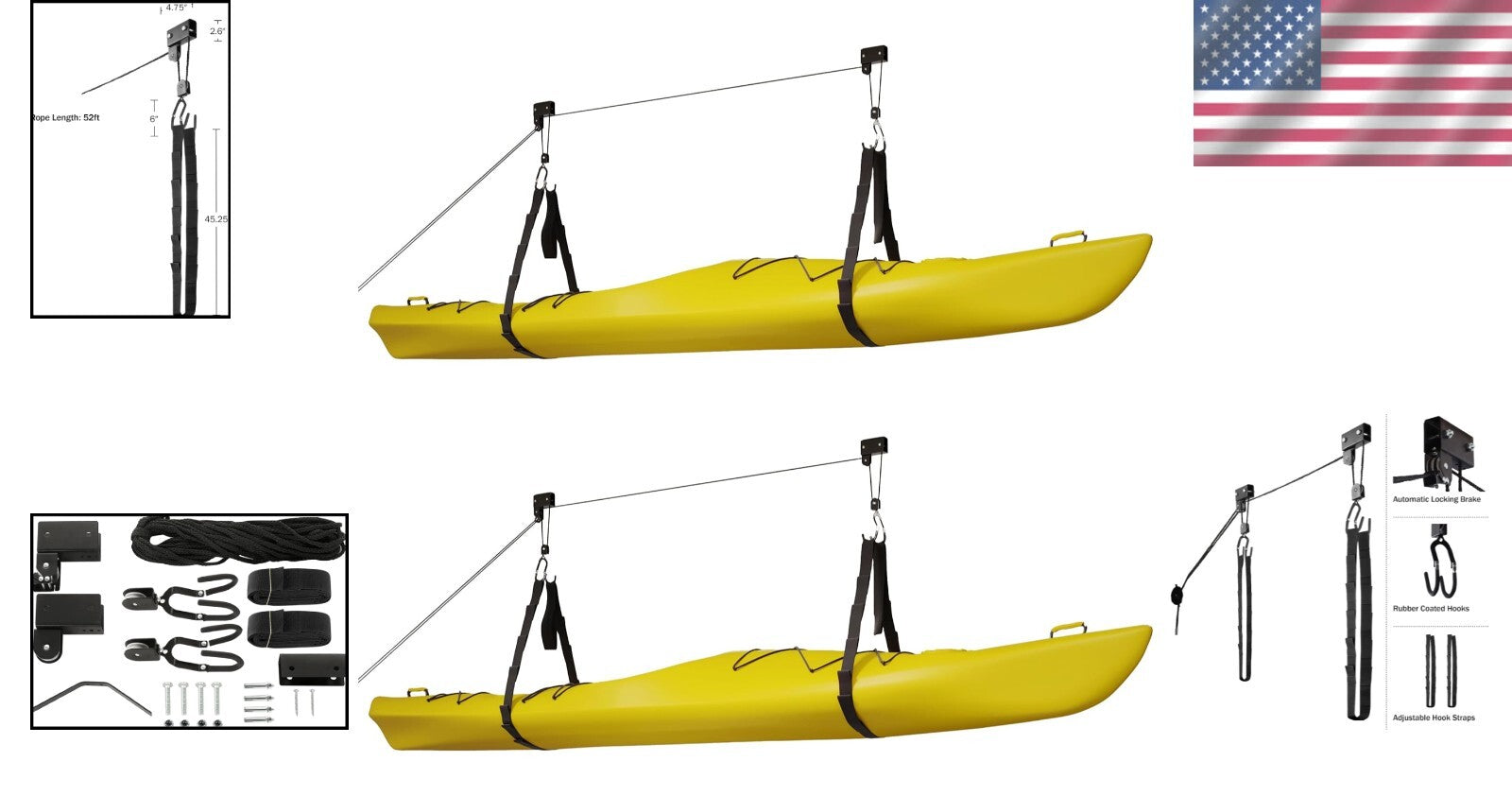 Premium Overhead Pulley System for Canoes and Bikes - 12-Foot Ceiling Ready