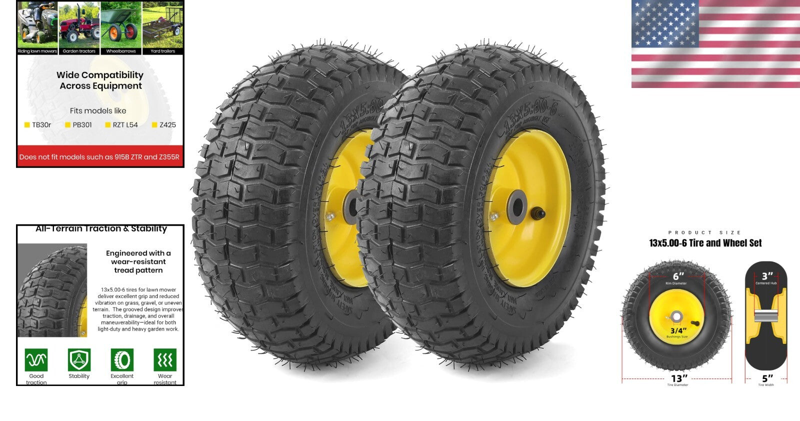 Heavy-Duty Tubeless Lawn Mower Tire & Wheel Assembly 2-Pack - 13" Diameter