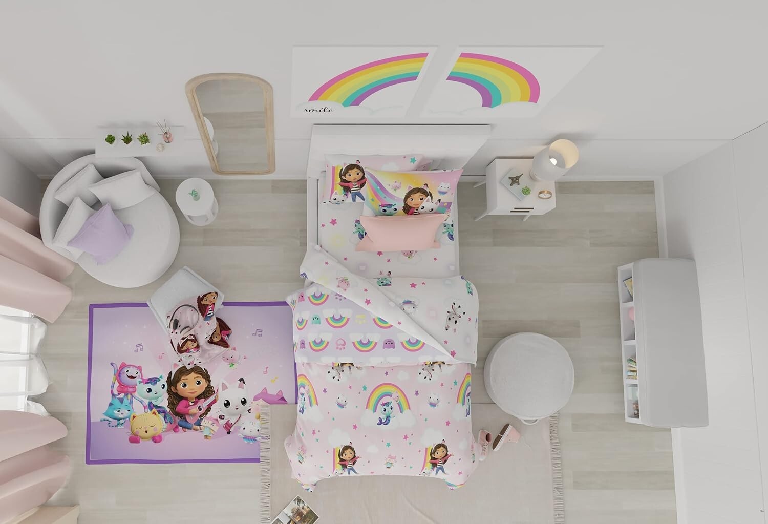 Gabby’s Dollhouse Cartoon Character Twin Bedding Set - 5-Piece Soft Microfiber