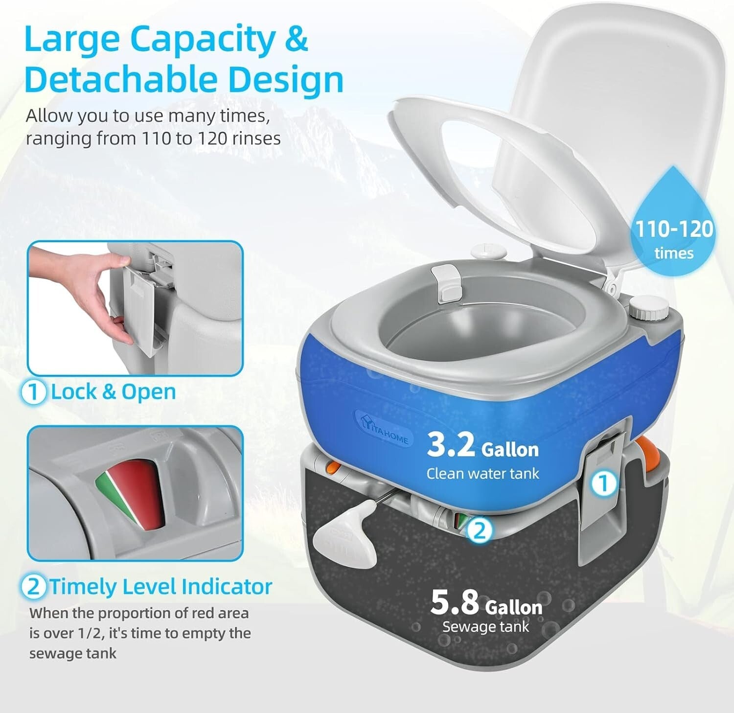 Convenient Portable Camping Porta Potty - 441 lbs Capacity with Cleaning Sprayer