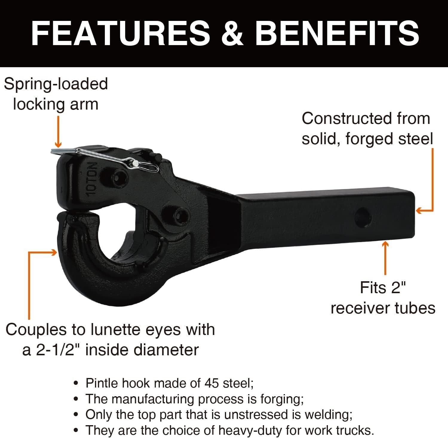 10 TON Pintle Hitch Receiver Hook - Heavy-Duty Forged Steel Towing Solution