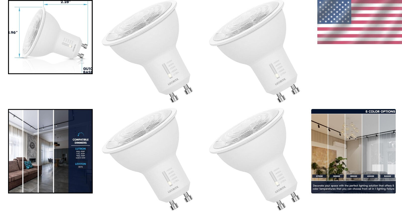 Energy-Efficient 50W Halogen Equivalent GU10 LED Bulbs, 500 Lumens, 4 Pack
