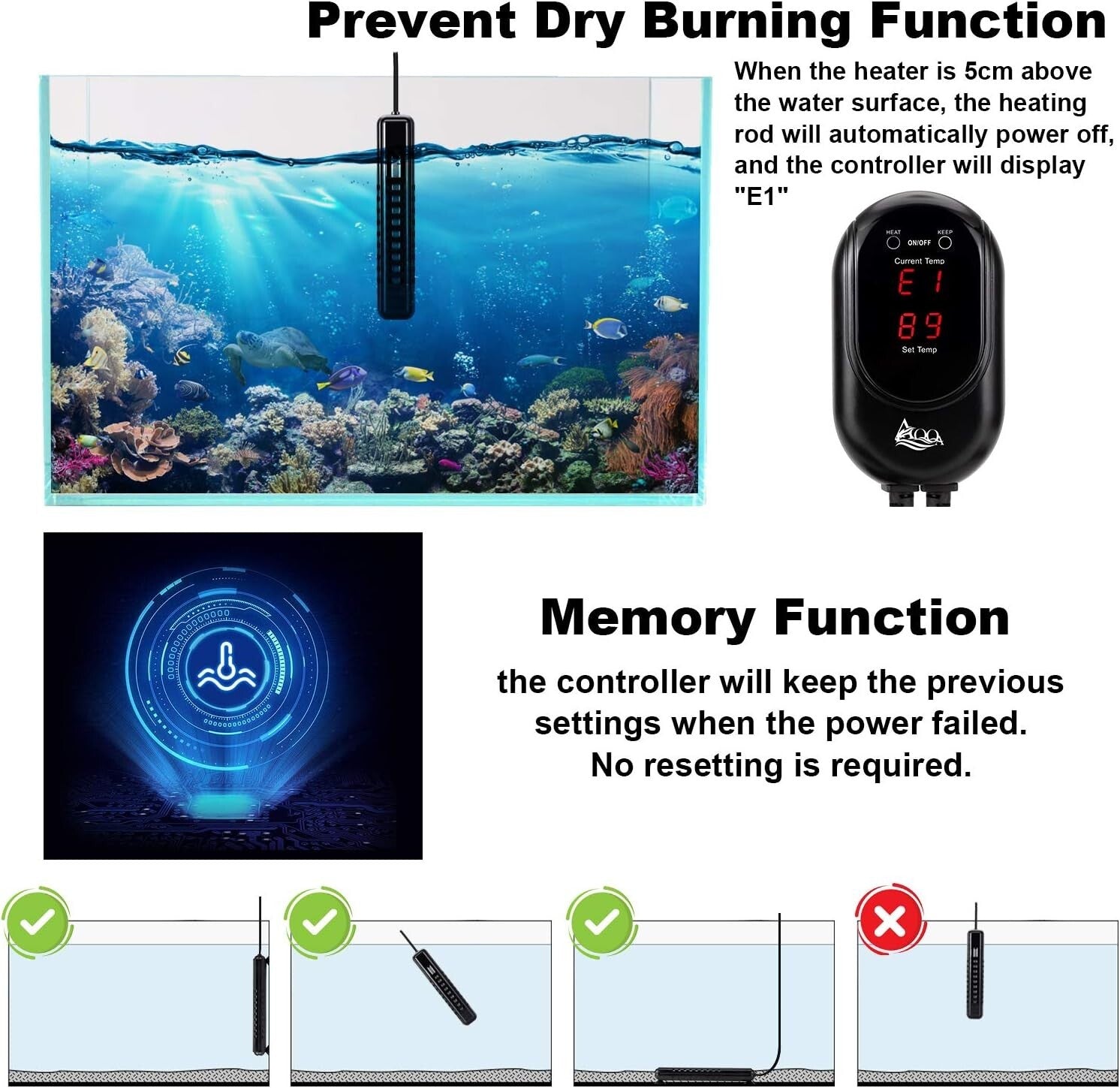 Automatic 200W Aquarium Heater with Temp Setting & Dry Protection Features