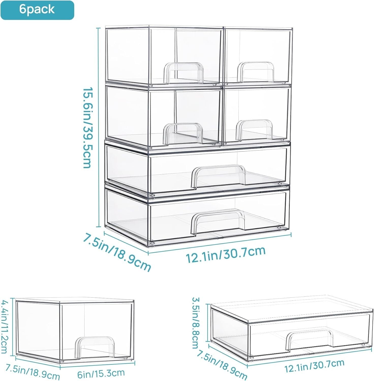 Clear Stackable Organizing Drawers - Set of 6 for Kitchen, Bathroom, and Beyond
