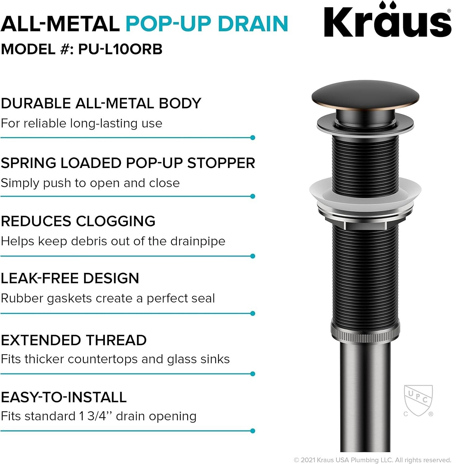 Corrosion-Resistant Pop-Up Sink Drain in Oil Rubbed Bronze for Stylish Bathrooms