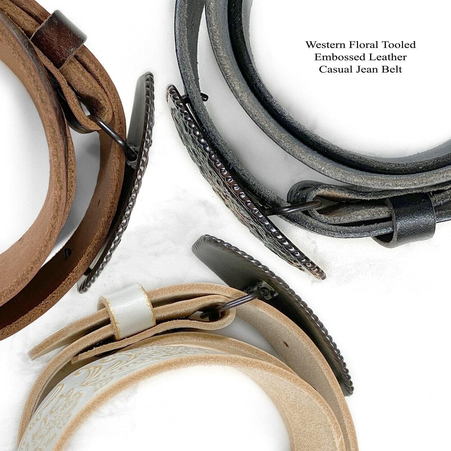 Custom Fit Western Leather Jean Belt with Floral Engraved Buckle – 3 Colors