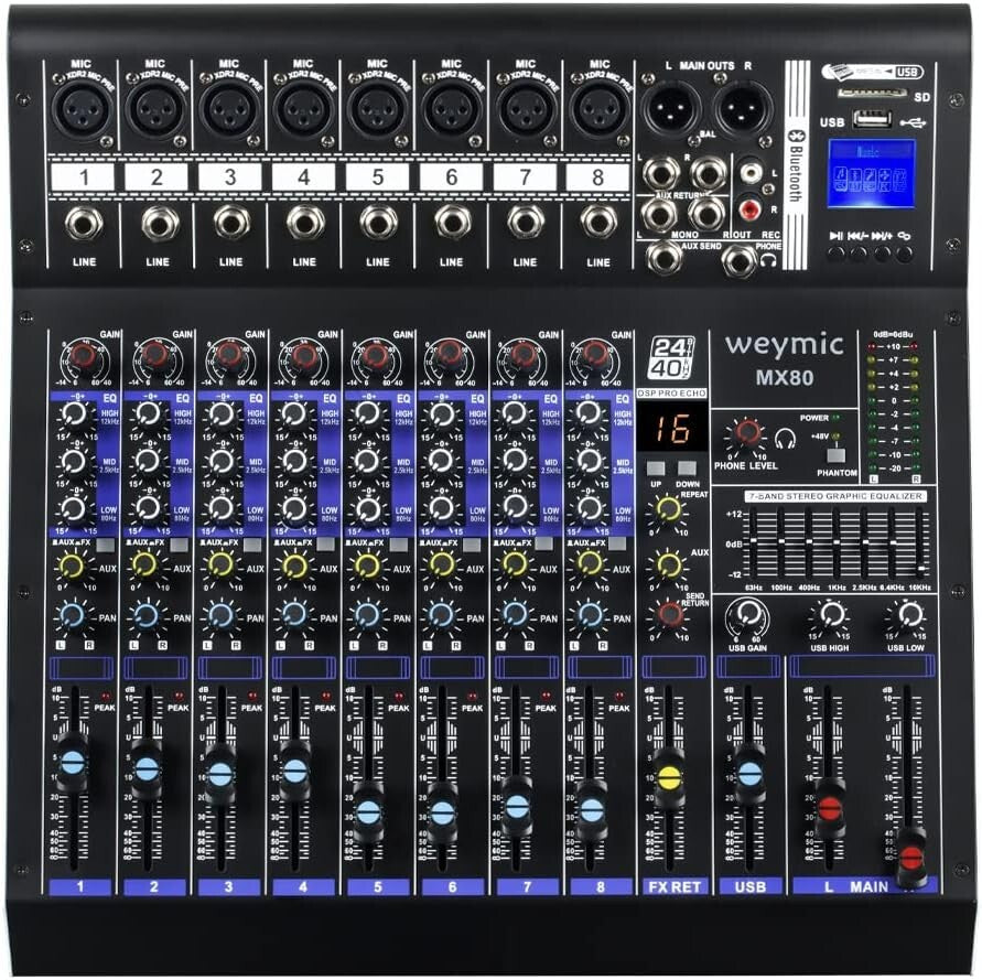 MX-80 8 Channel Professional Audio Mixer with XLR Jack & Bluetooth Connectivity