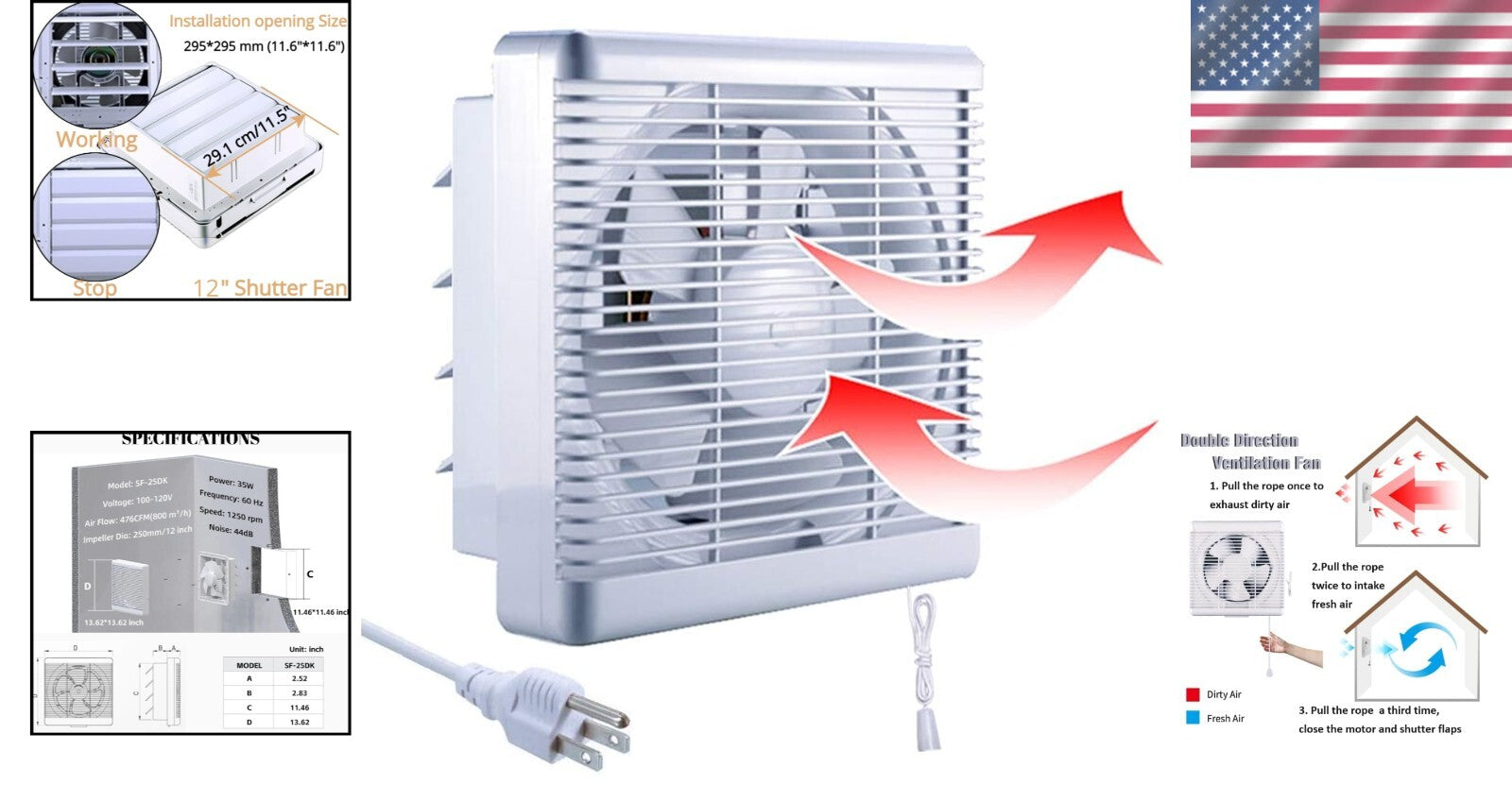 Wall-Mounted 12" Ventilation Fan with Reversible Airflow & Remote Control