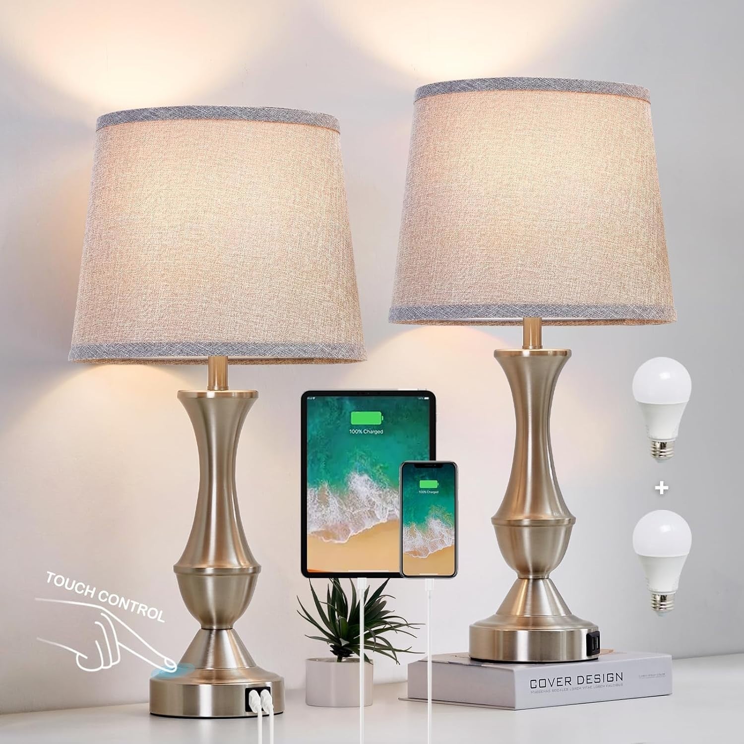 Elegant 22" Table Lamps Set with Touch Control and USB Charging - Silver & Grey