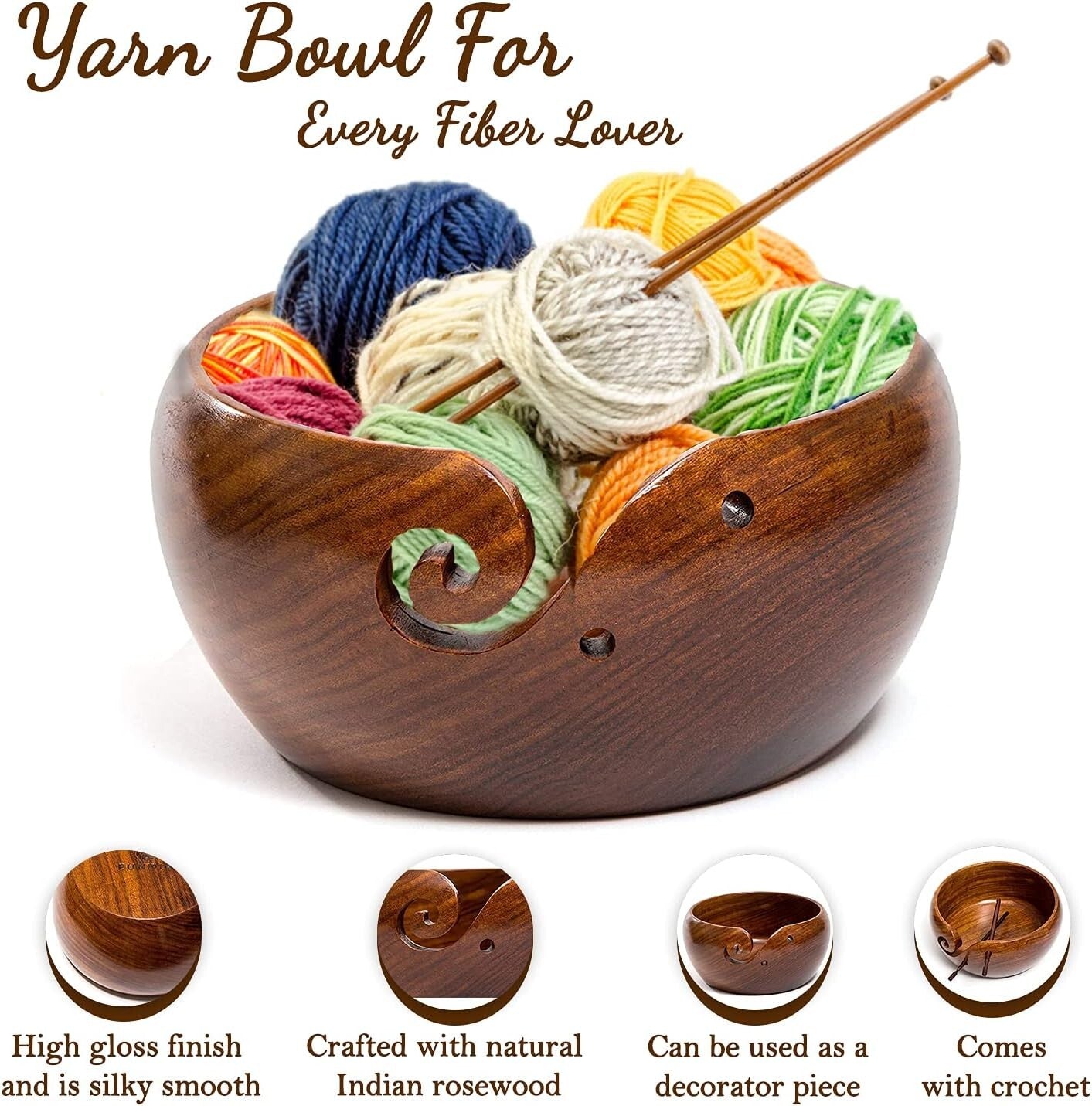 Deluxe 7x4 Rosewood Yarn Holder with Crochet Hooks & Travel Bag - Perfect Gift