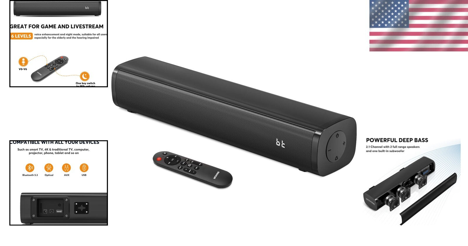 2.1 Channel Small Soundbar with Built-in Subwoofer & 6 Voice Enhancement Levels