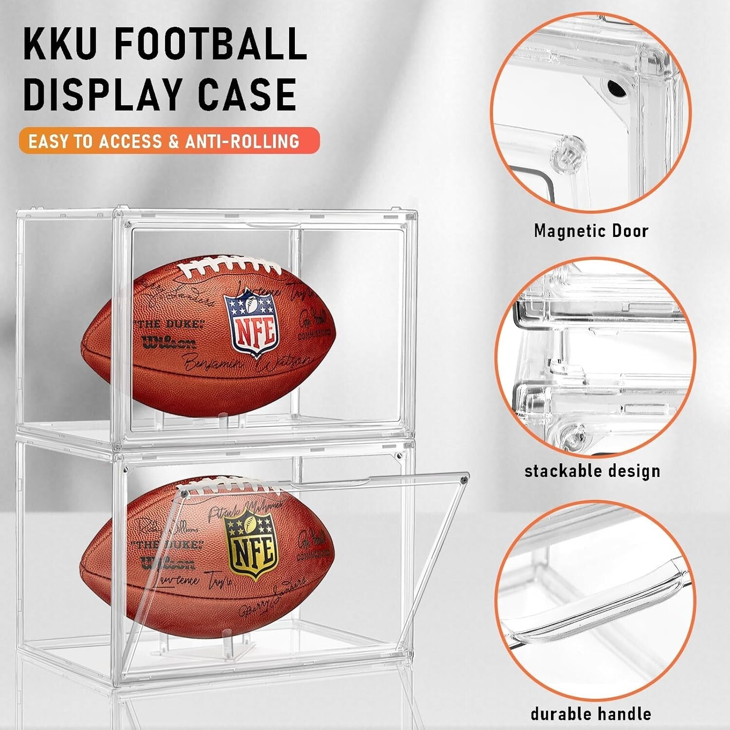 Full Size Football Display Cases - Clear Acrylic with Easy Access Magnetic Door