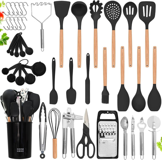 Premium Silicone Cooking Utensils Set - 44 Pieces with Elegant Beechwood Handles