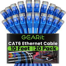 Load image into Gallery viewer, Bulk 20-Pack Cat 6 Ethernet Patch Cables - 10 Feet, Gold-Plated RJ45 Connectors