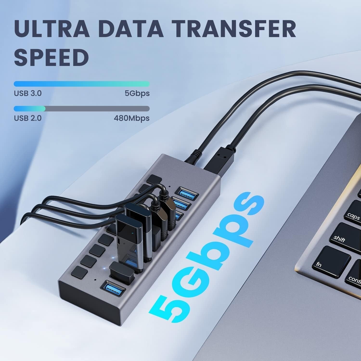 Aluminum 10-Port USB 3.0 Splitter with Surge Protection & 5Gbps Transfer Speed