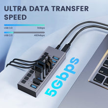 Load image into Gallery viewer, Aluminum 10-Port USB 3.0 Splitter with Surge Protection &amp; 5Gbps Transfer Speed