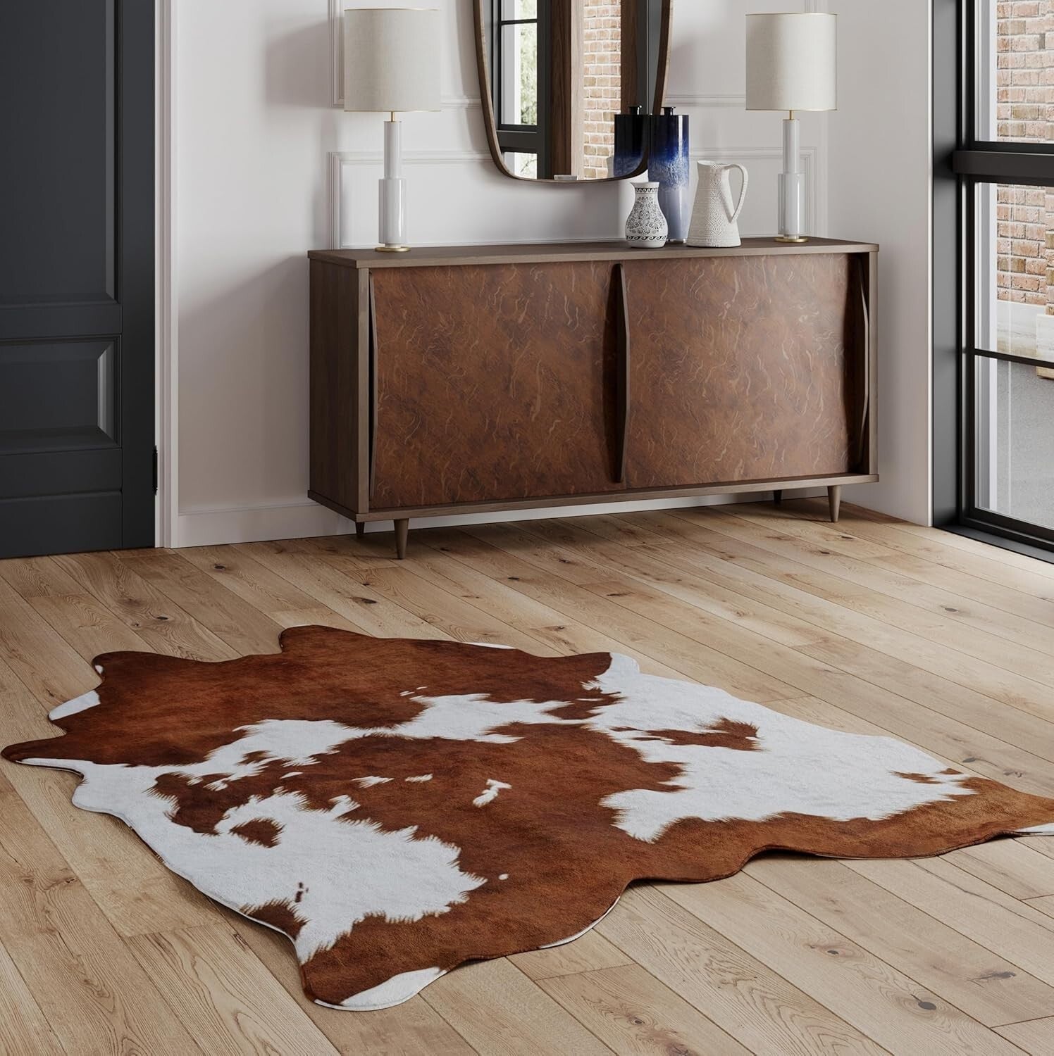 Brown and White Faux Cow Print Area Rug - 6.2ft x 8.2ft for Modern Homes