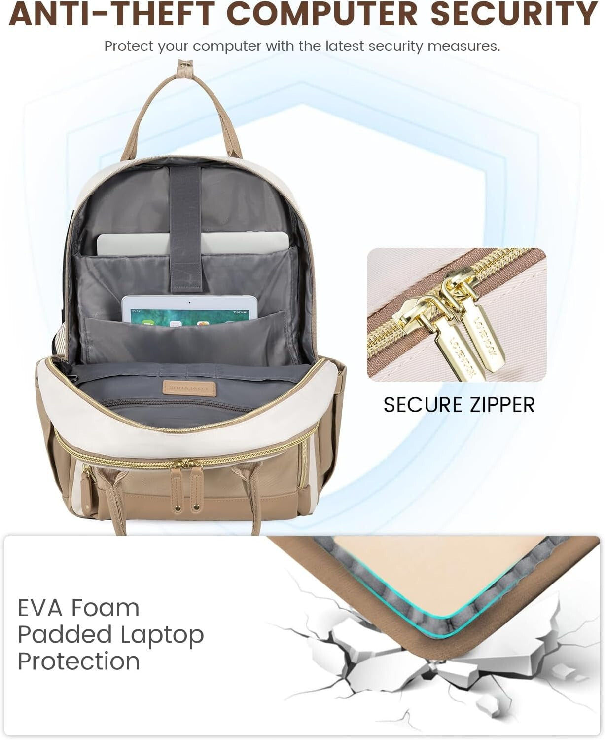 Durable USB Charging Backpack for 15.6 Inch Laptop - Water-Resistant Beige-Khaqi