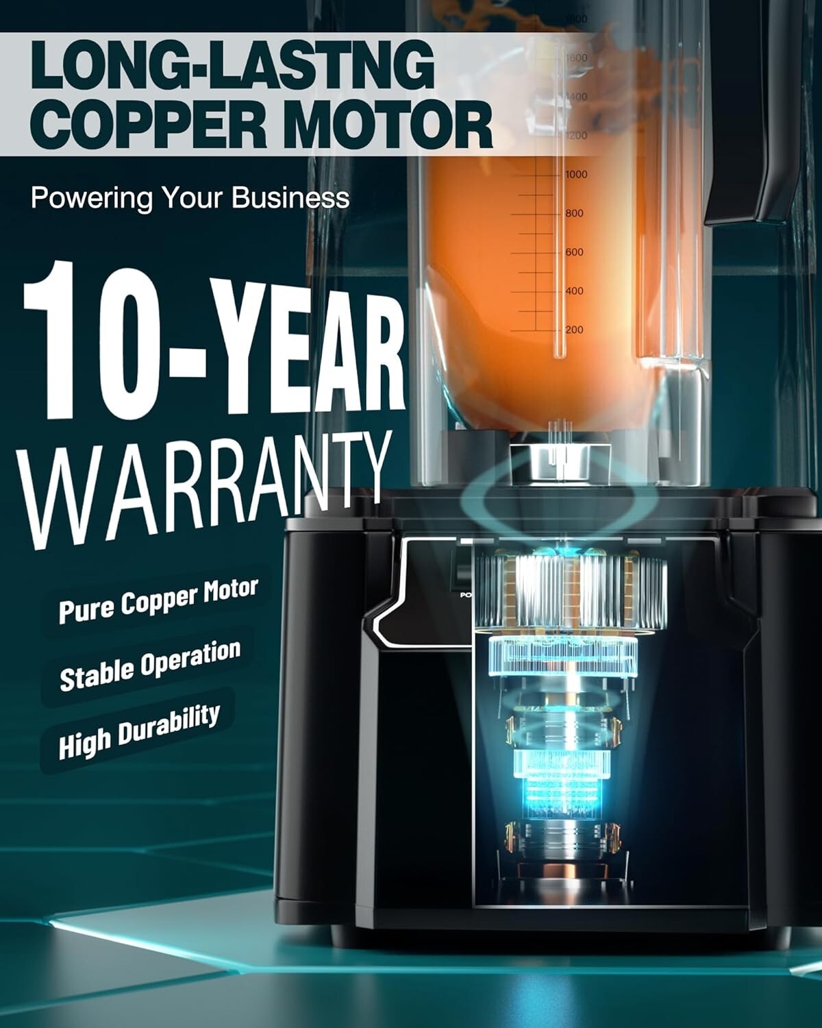 Heavy-Duty 2200W Quiet Blender with Adjustable Speeds & Built-in Self-Cleaning