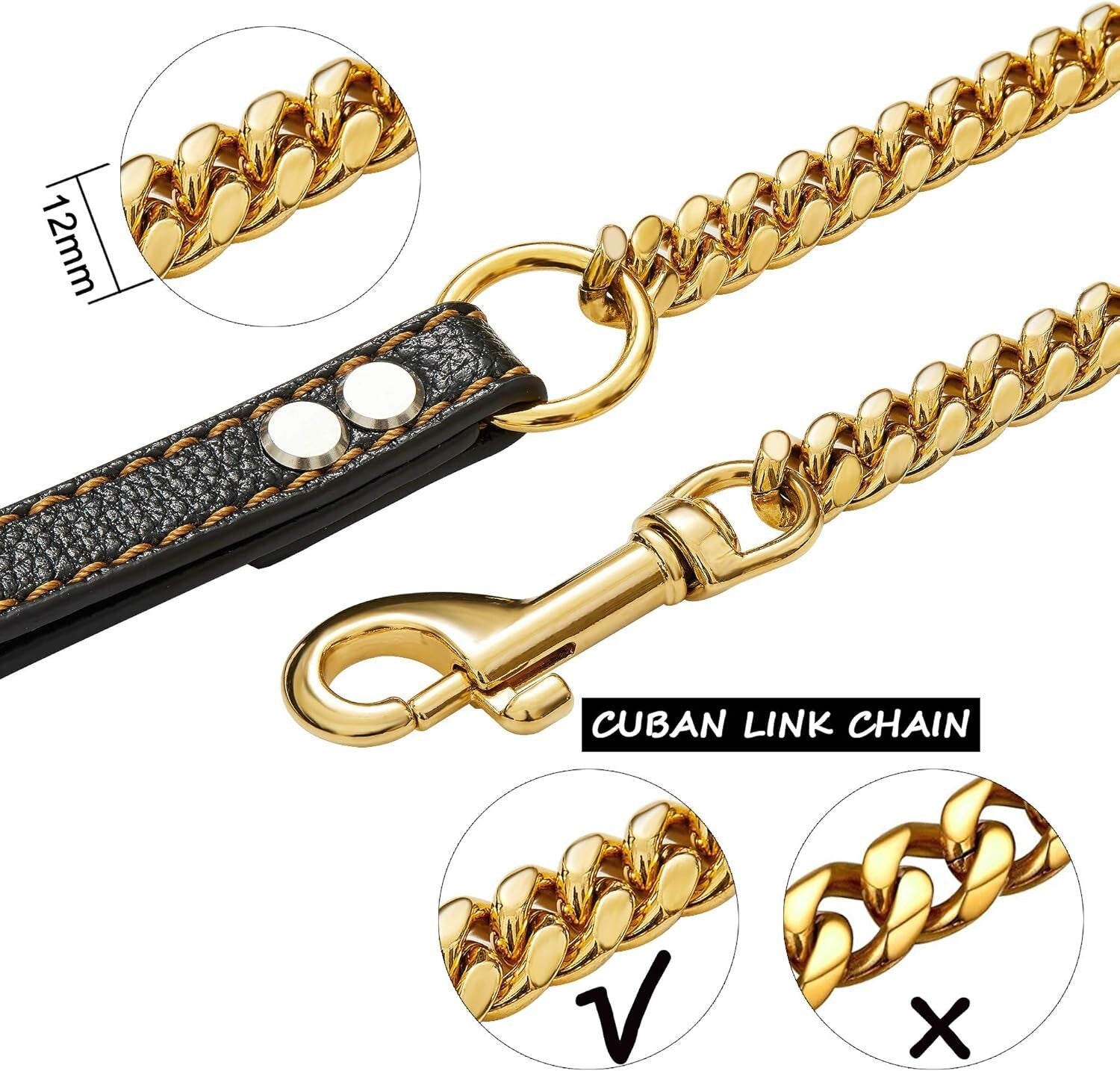 Stainless Steel Cuban Link Dog Leash with Padded Leather Handle for Large Breeds