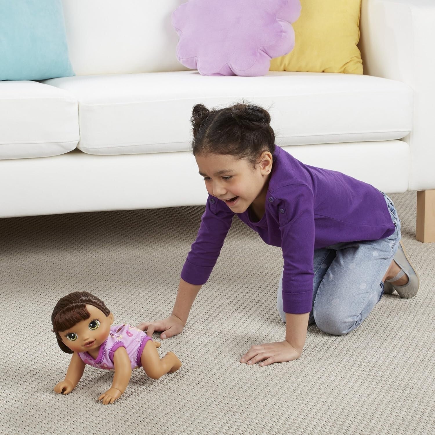 Baby Go Bye Bye Brunette - Fun Talking and Crawling Doll with Accessories