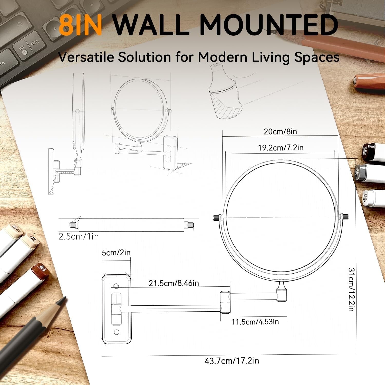 Double-Sided 20X Magnifying Chrome Makeup Mirror with Wall-Mount & Tweezers