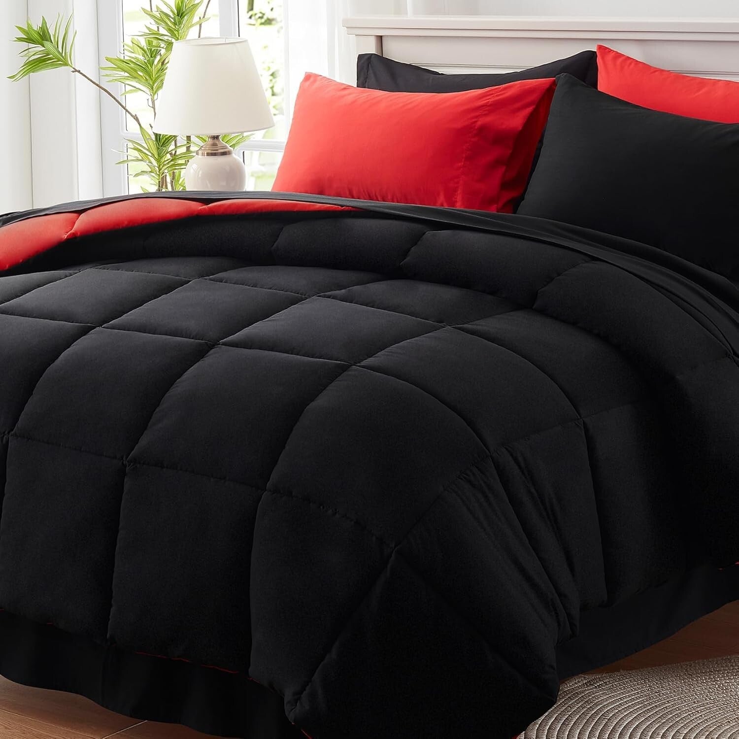 7-Piece All-Season Bedding Set with Black & Red Microfiber Comforter - Cal King