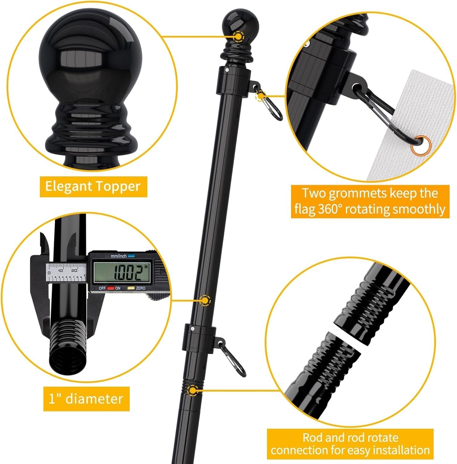 Flag Pole Kit - 2 x 6 FT Stainless Steel Tangle-Free Poles for All Weather Use