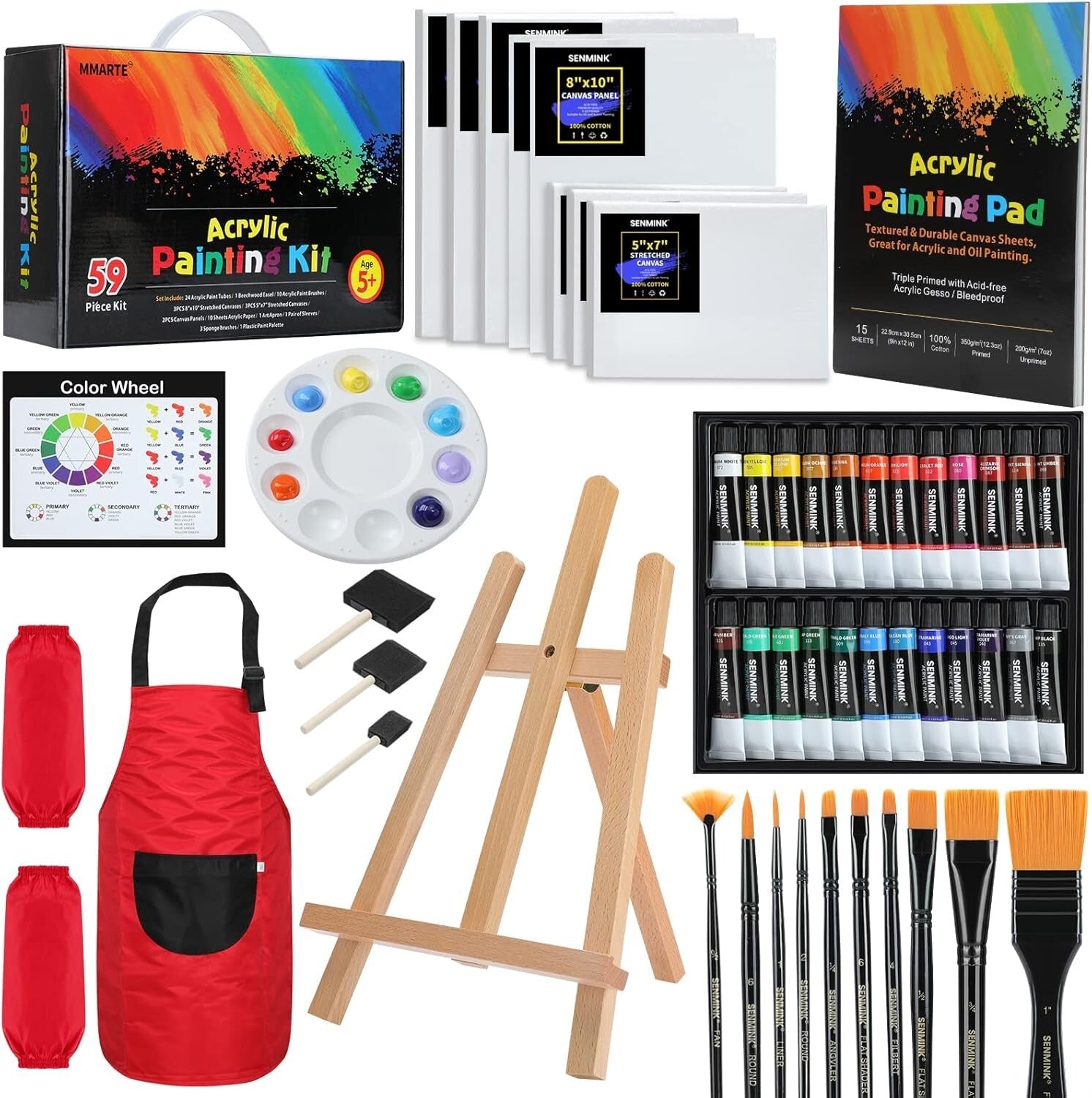 All-in-One 59-Piece Acrylic Paint Set with Easel, Brushes, and Canvas for Kids