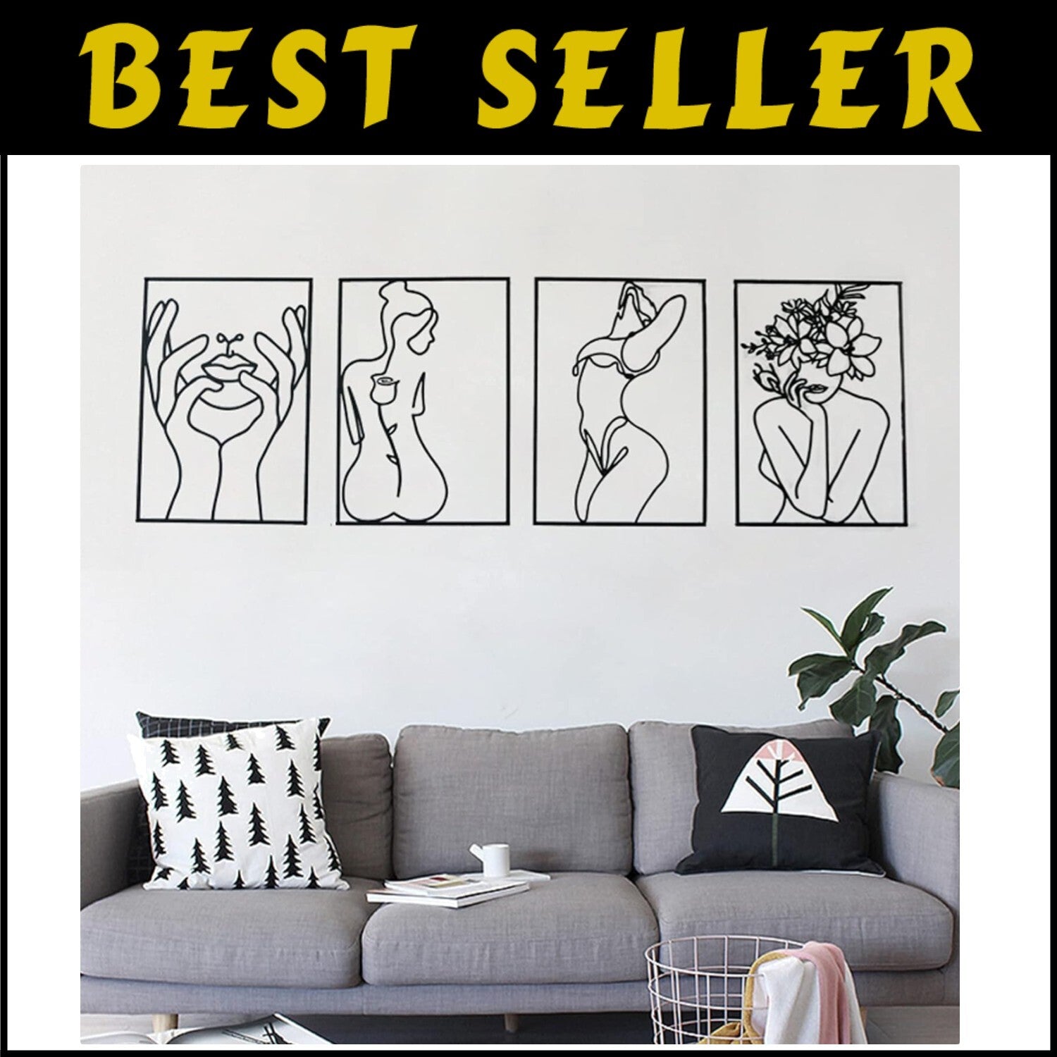 Stunning 4 Pack Metal Wall Art Décor - Minimalist 3D Line Art Women’s Shapes