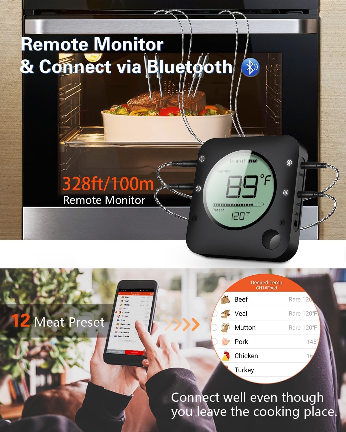 Professional Bluetooth Thermometer for Grilling with 4 Stainless Probes & Alarms
