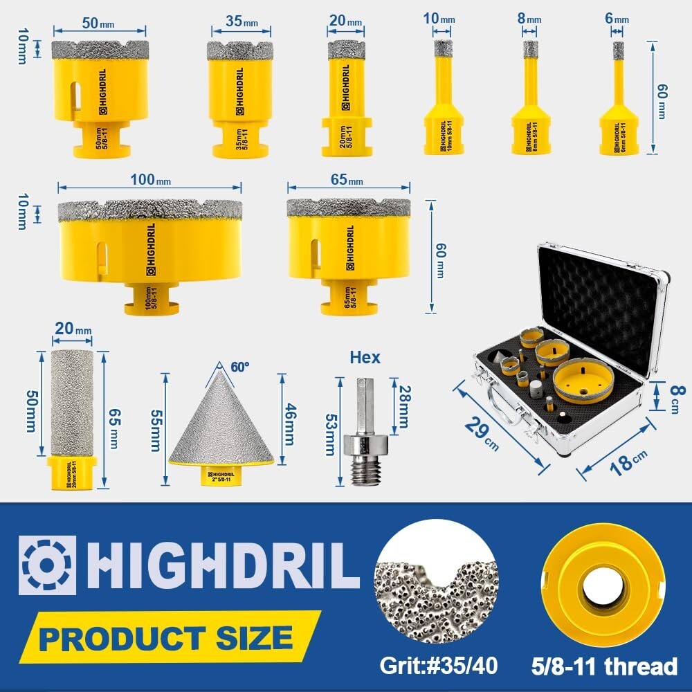 Vacuum Brazed Diamond Drill Bits Kit with Chamfer & Finger Bits - 8 Pieces