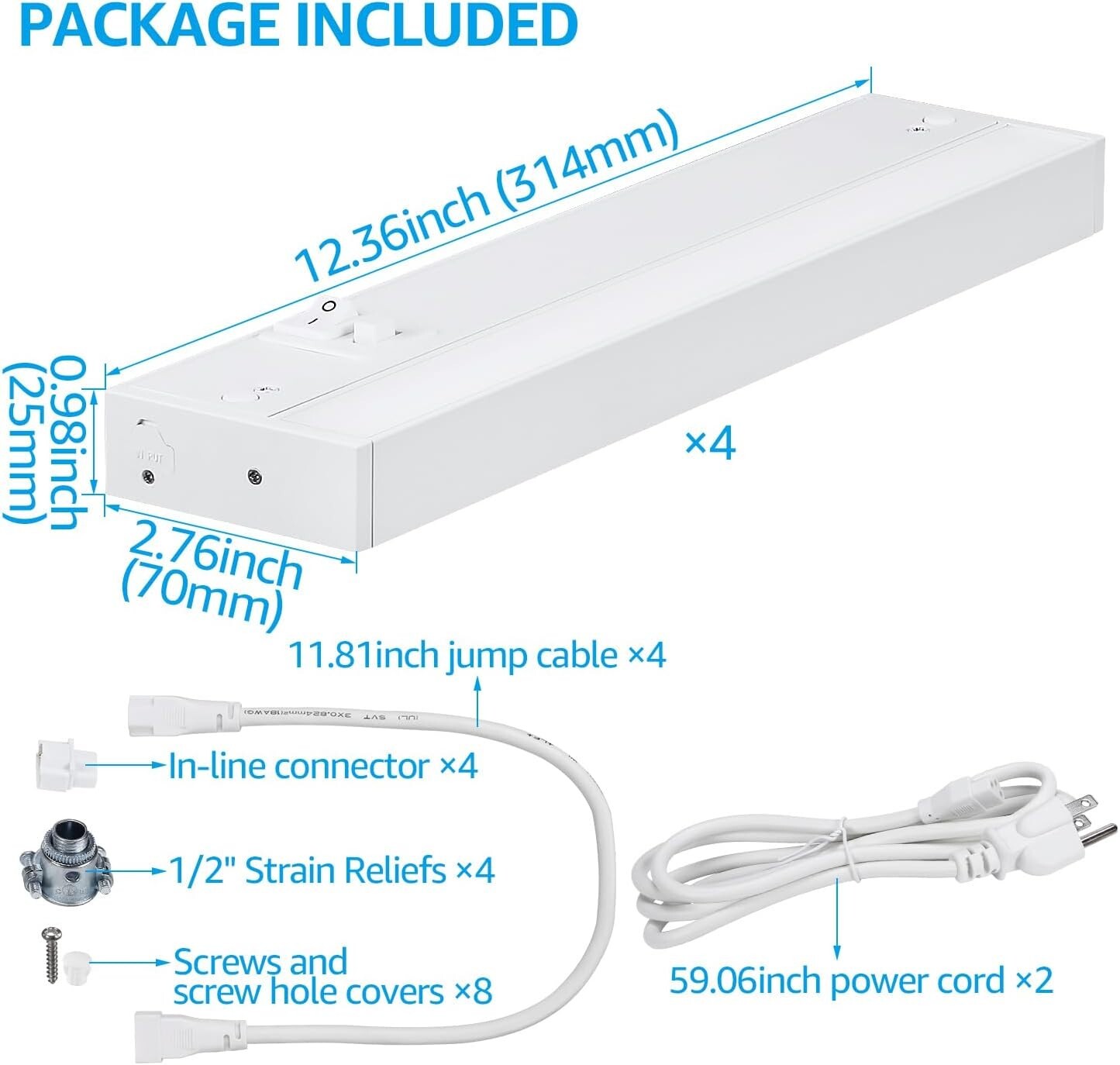 Stylish 4-Pack Under Cabinet LED Lights, 12 Inch, Hardwired & Plug-in Options