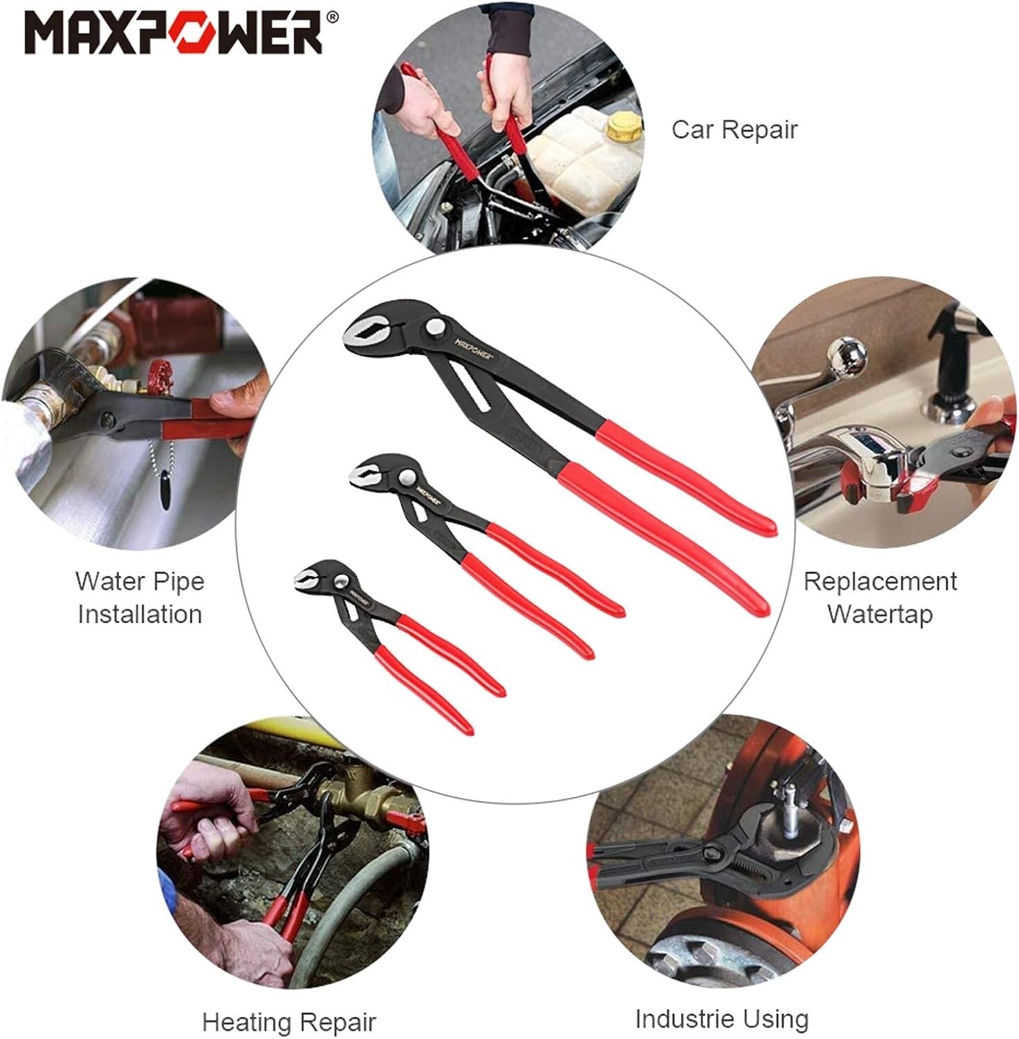 Chromium-Vanadium Water Pump Pliers Set with Rubber Grip - 3 Sizes Included