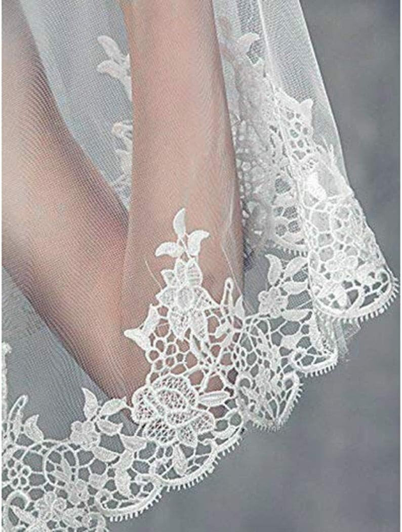 Stylish Chapel Length Veil for Bride with Elegant Lace & Metal Comb Attachment