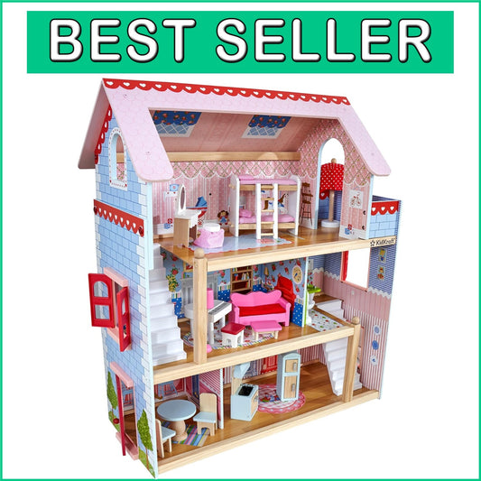 Charming 3-Story Wooden Doll Cottage with Two Staircases & 19 Furniture Pieces