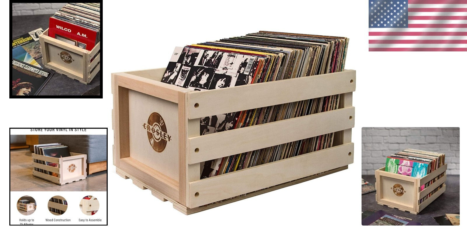 Elegant Natural Wood Vinyl Album Holder - Records Storage Crate for 75 Albums