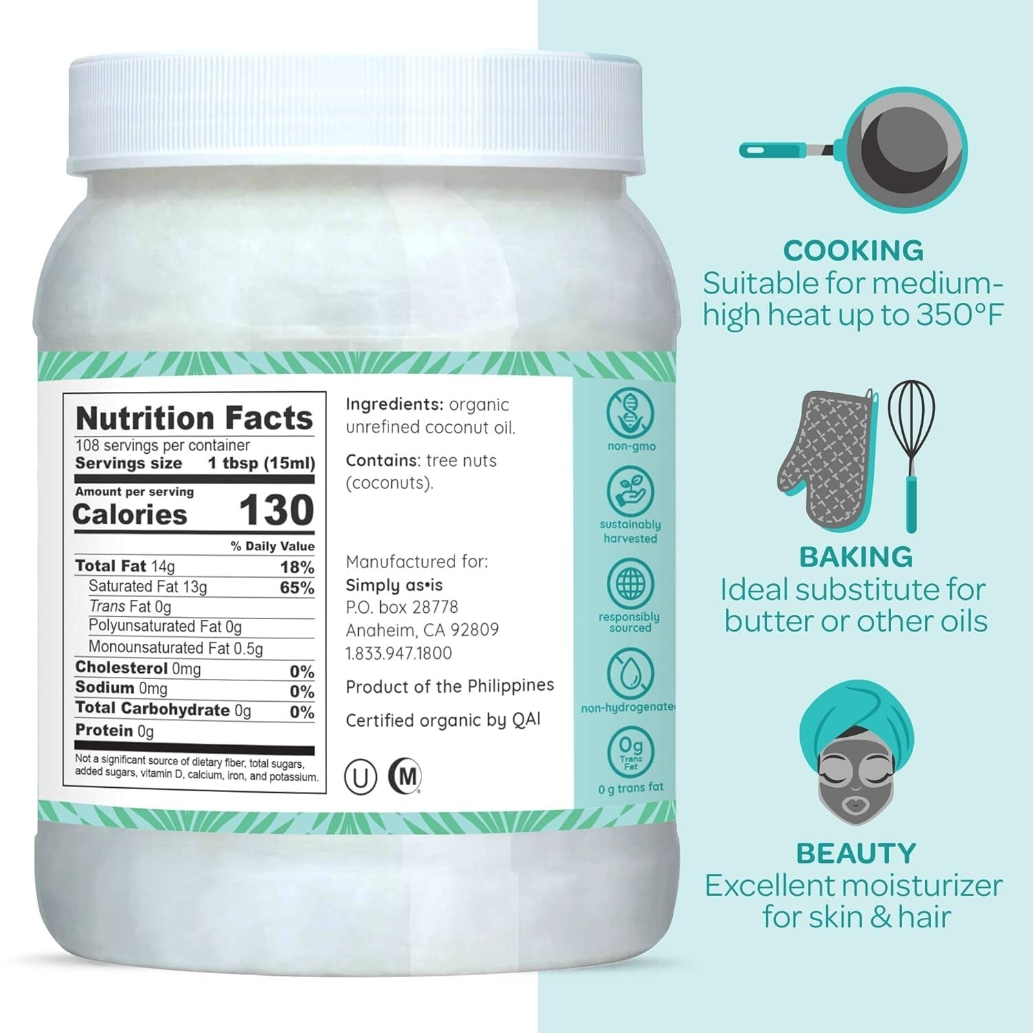 Dual Pack 54 fl oz Organic Virgin Coconut Oil | Cooking & Moisturizing Essential