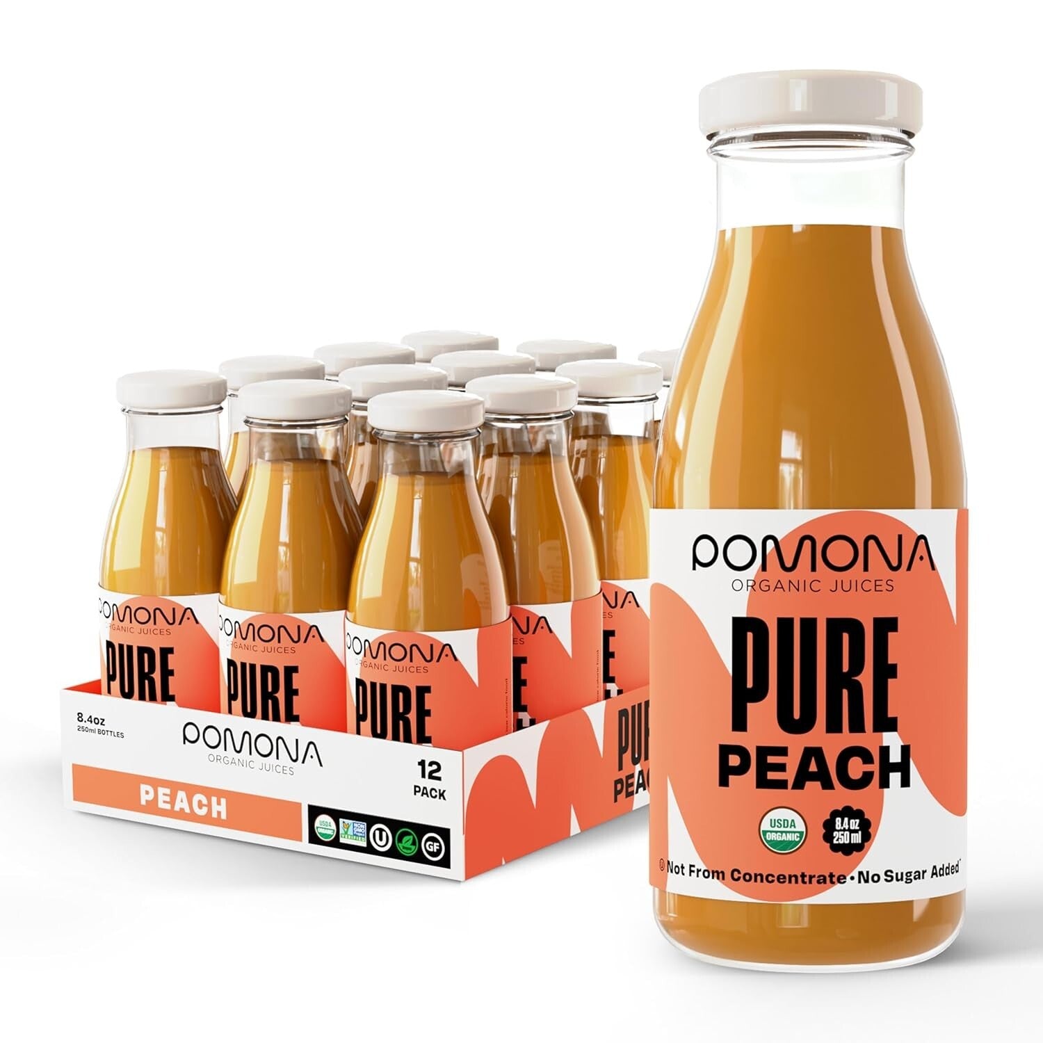 Pomona Cold Pressed Organic Peach Juice - Pack of 12 - 8.4 oz Glass Bottles