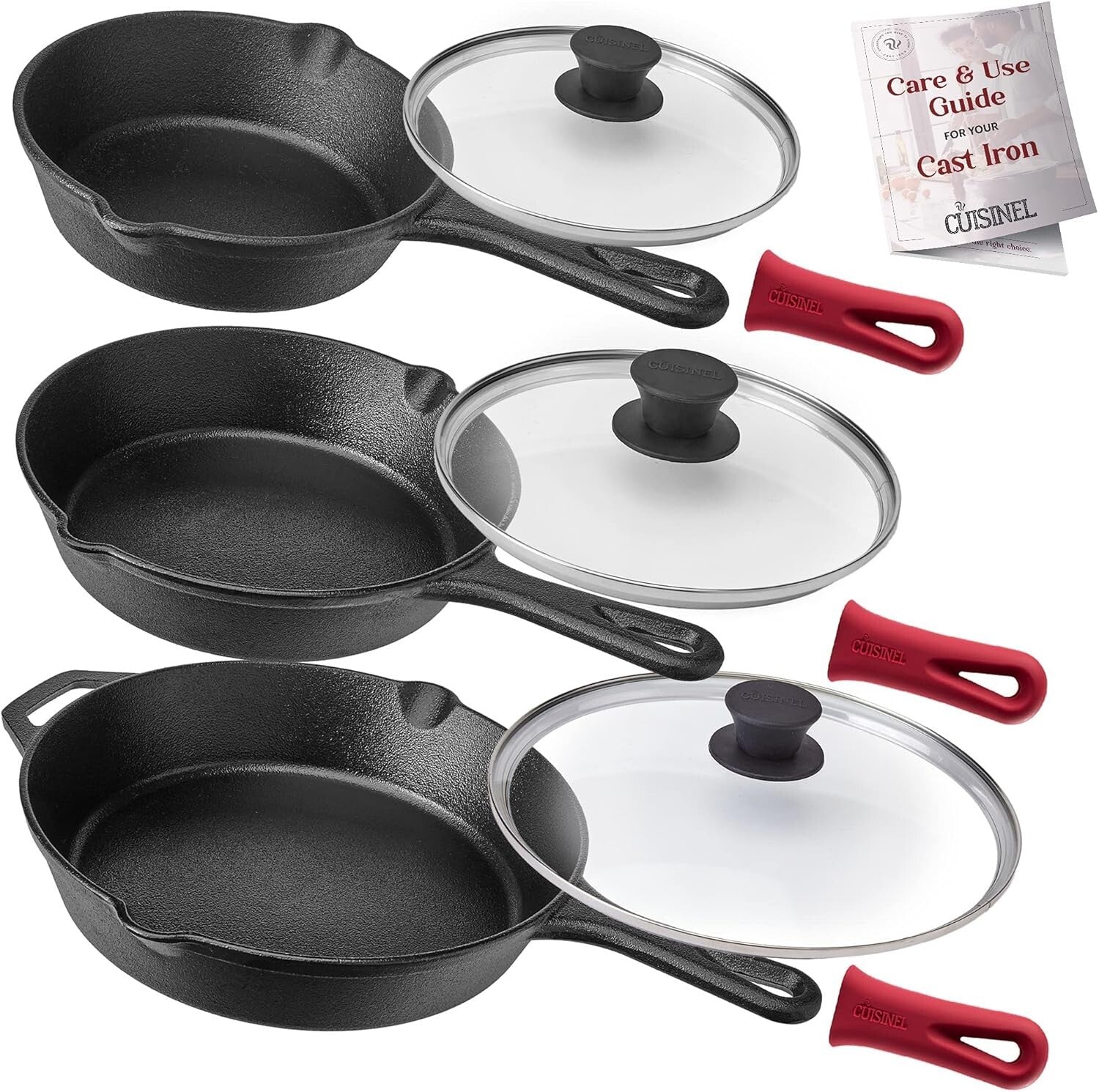 Induction Compatible 3-Piece Skillet Set - Cast Iron with Silicone Handles